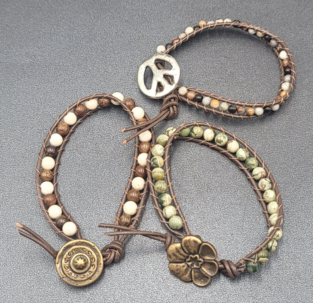 Lot of 3 Bracelets Stone Beads Flower Peace Sign Cord Bronze tone Clasp