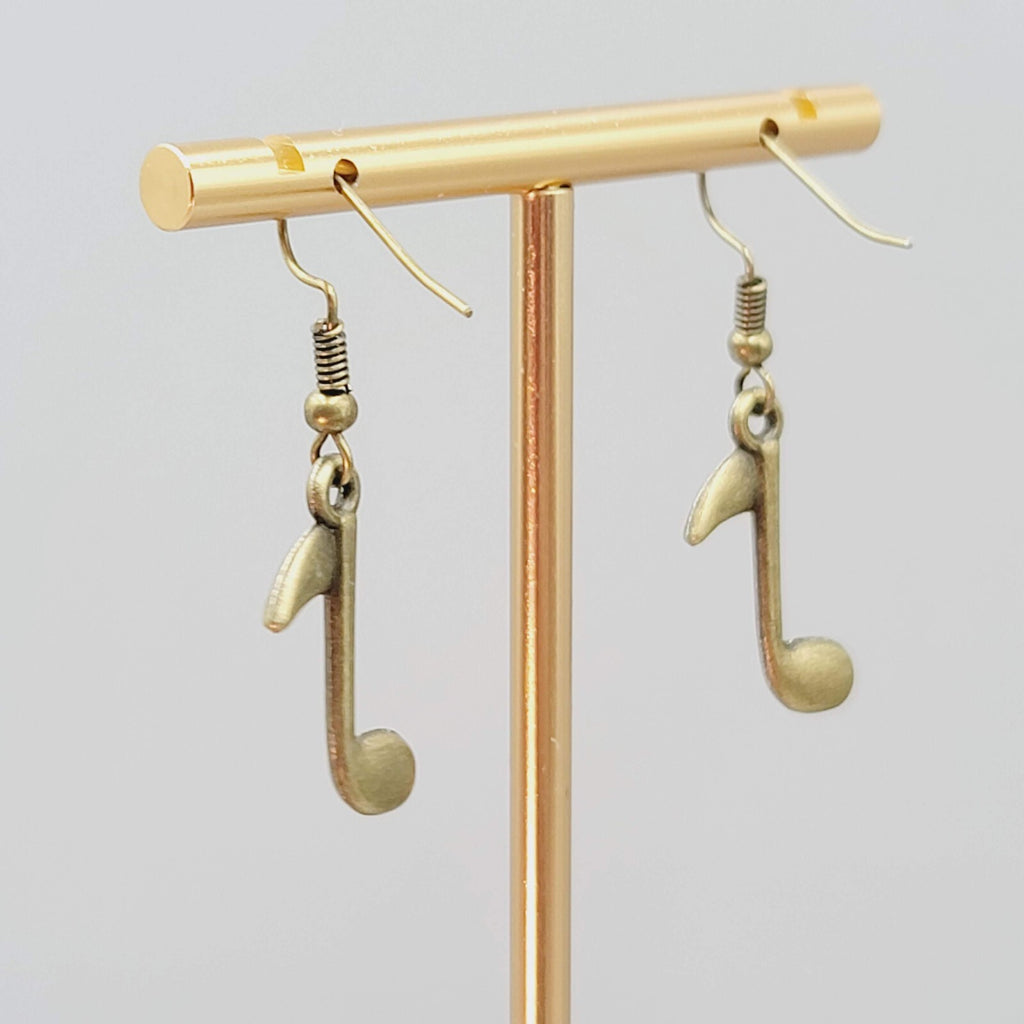 Music Eighth Note Pierced Earrings Bronze tone Dangle 7/8"