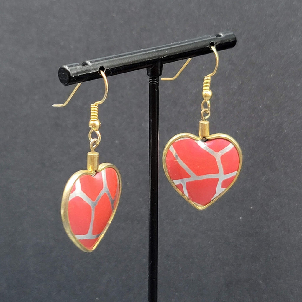 Vintage Pierced Earrings Gold toen Red Heart Dangle 1 1/8"