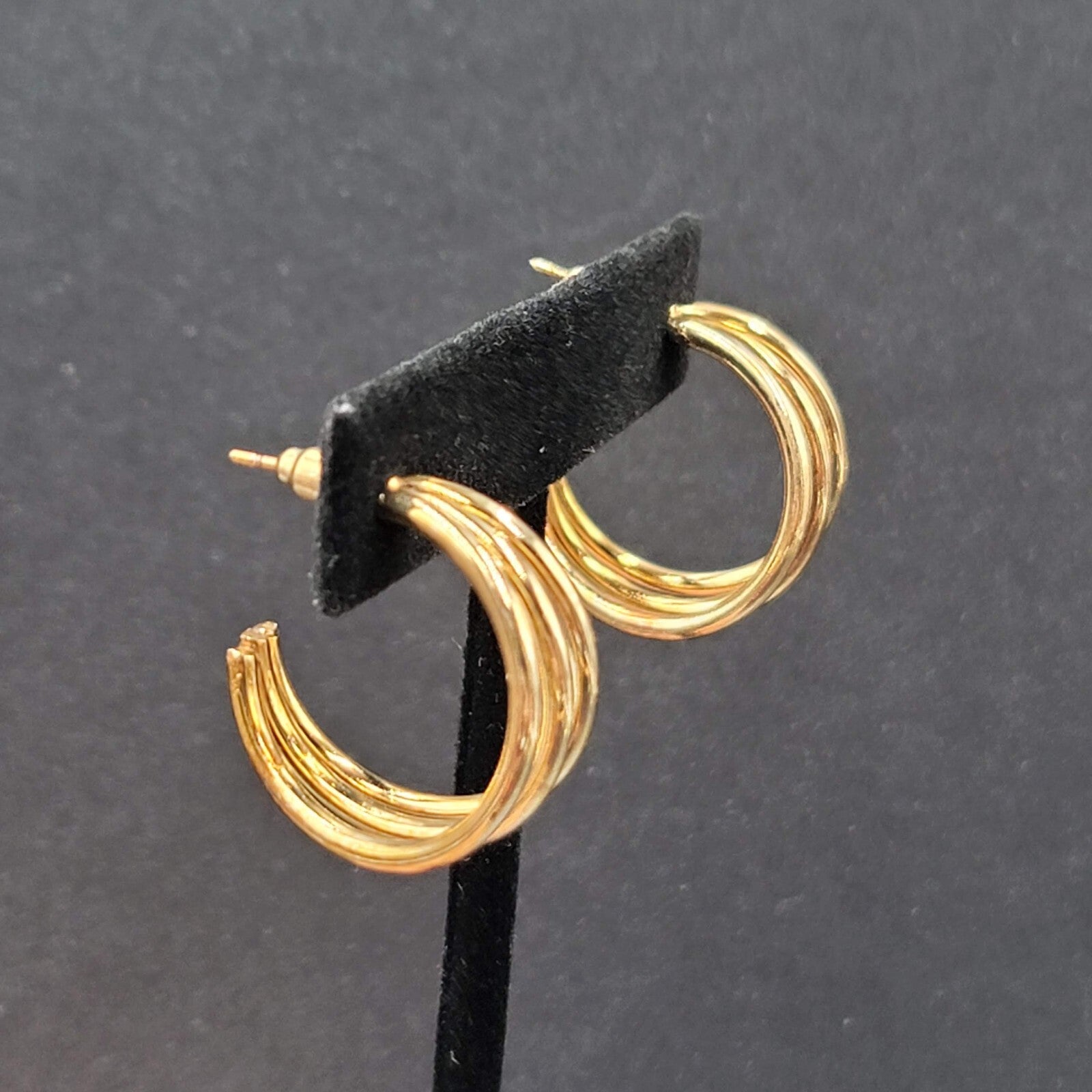 Pierced Earrings Triple Hoops Gold tone 1" Costume Jewely