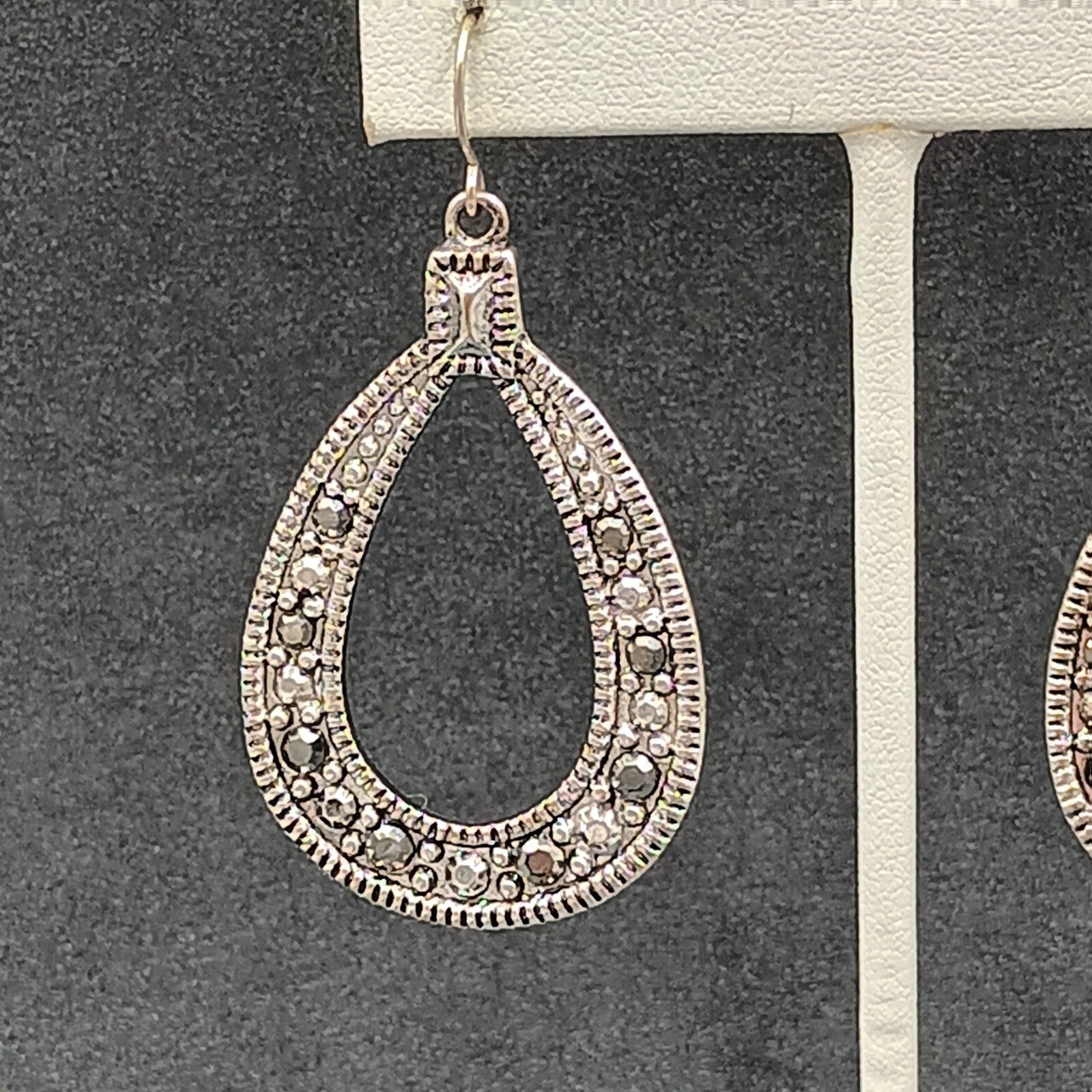 Pierced Earrings Textured Silver tone Open Teardrop Statement Dangle 1 7/8"