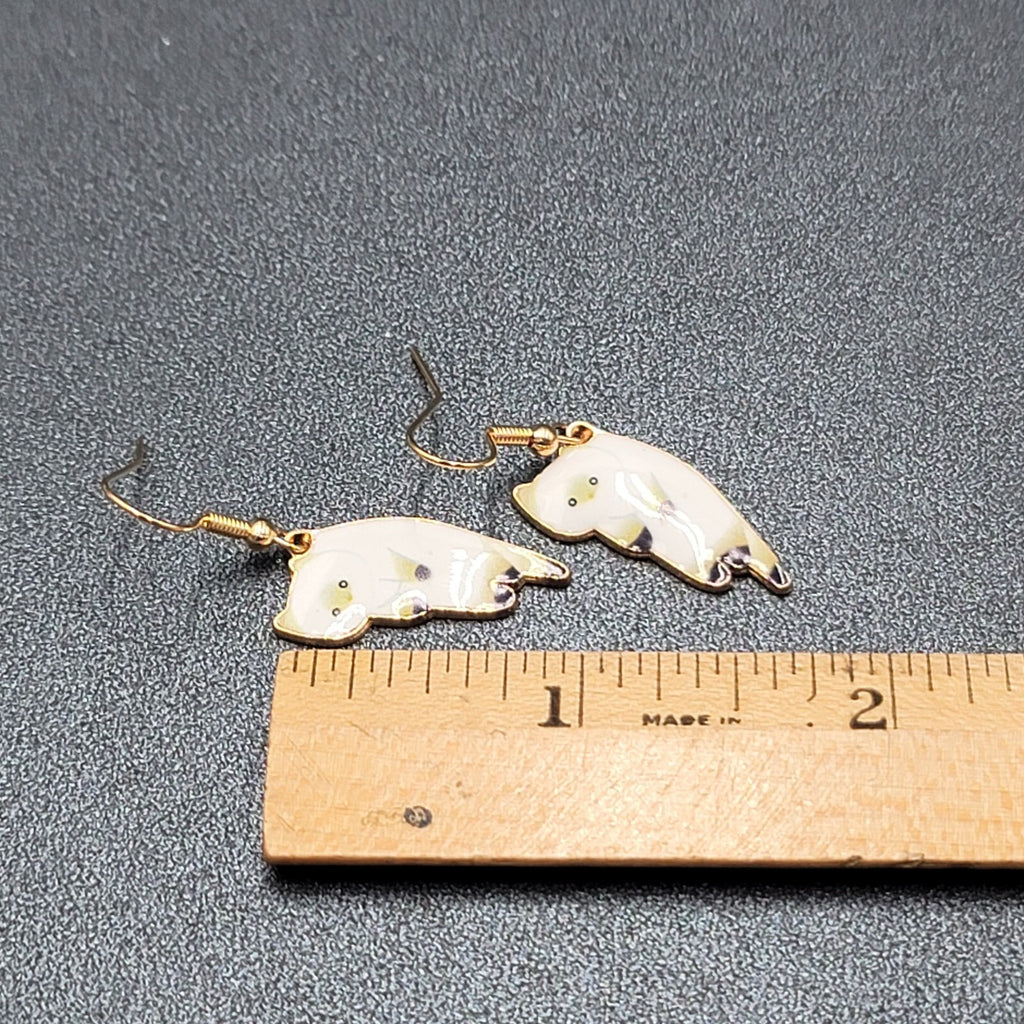 Pierced Earrings Gold tone White Enamel Kitty Cat Dangle 1"