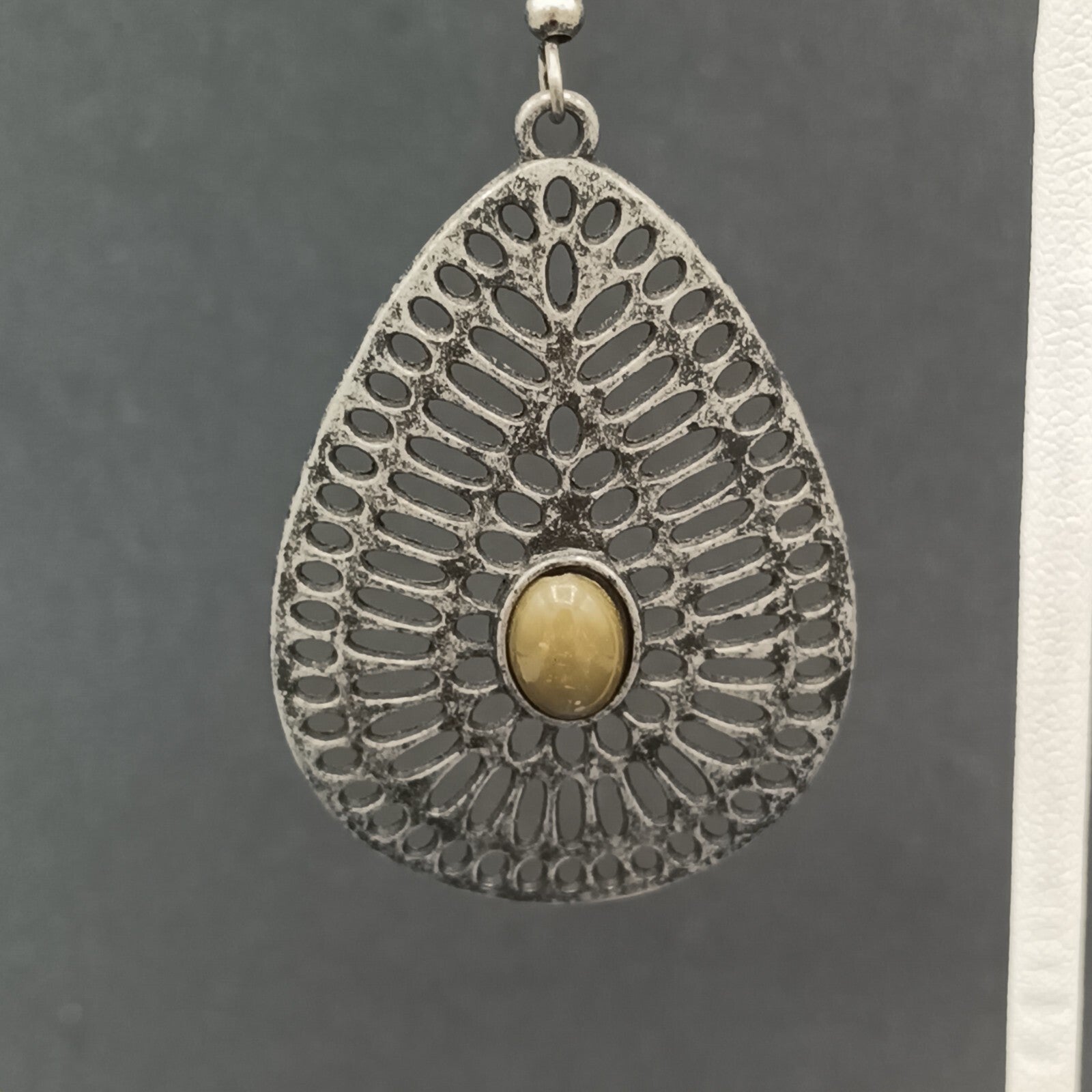 Pierced Earrings Antiqued Silver tone Teardrop Dangle 1 5/8"