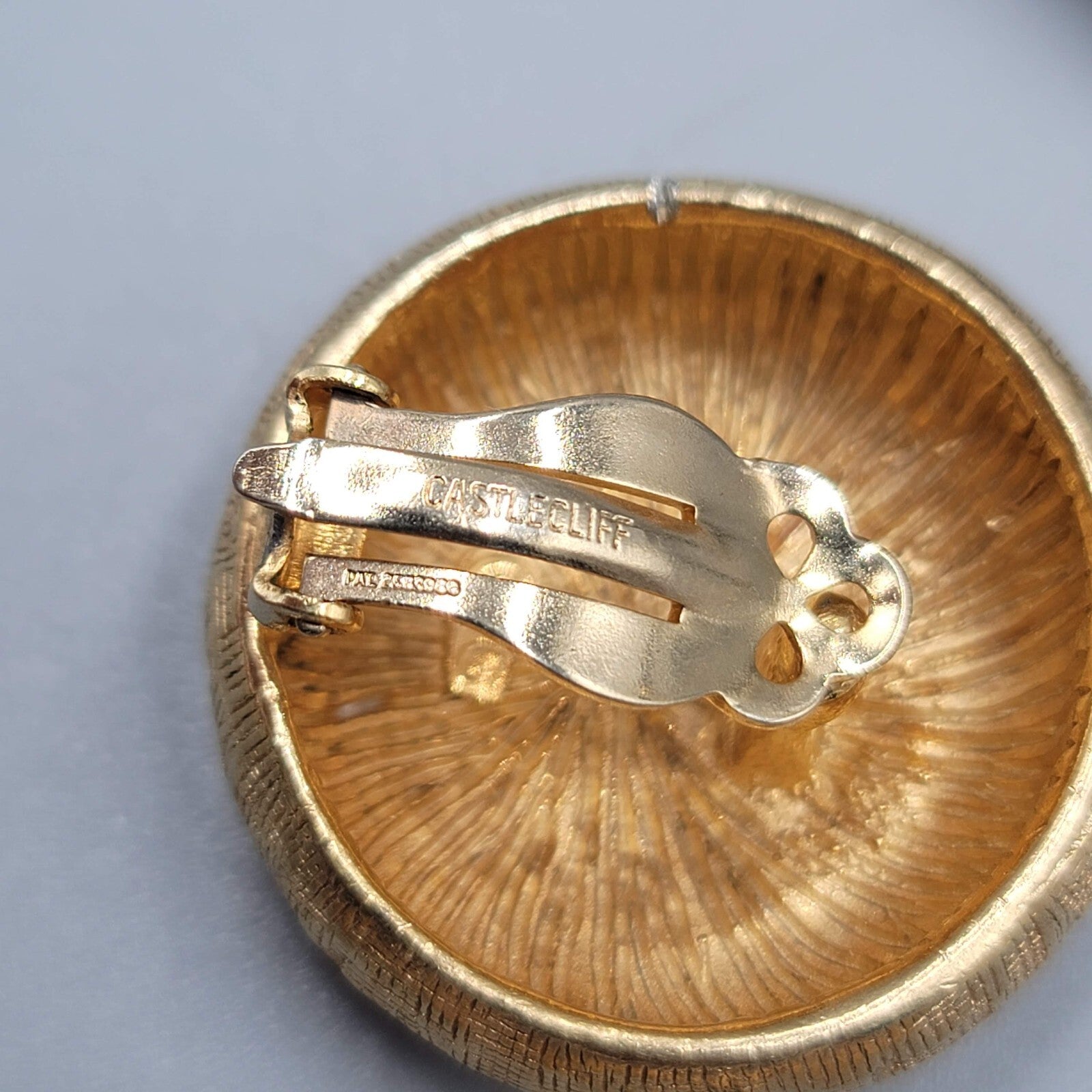 Vintage Castle Cliff Clip on Earrings Large Textured Gold tone Dome 1.25" Heavy