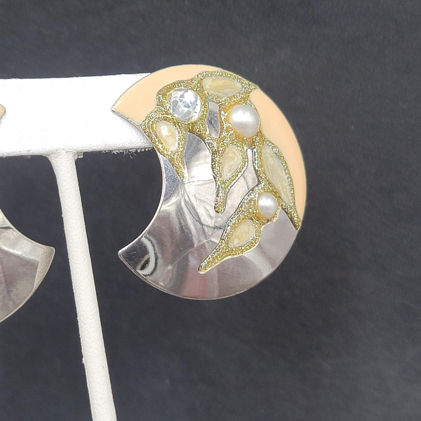 Vintage Clip on Earrings Silver tone Large Statement Enamel Glitter 1.75"