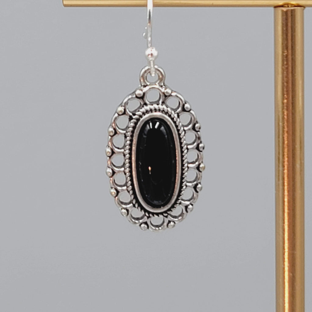 Silver tone Dangle Pierced Earrings Black Cabochon Dangle 7/8"