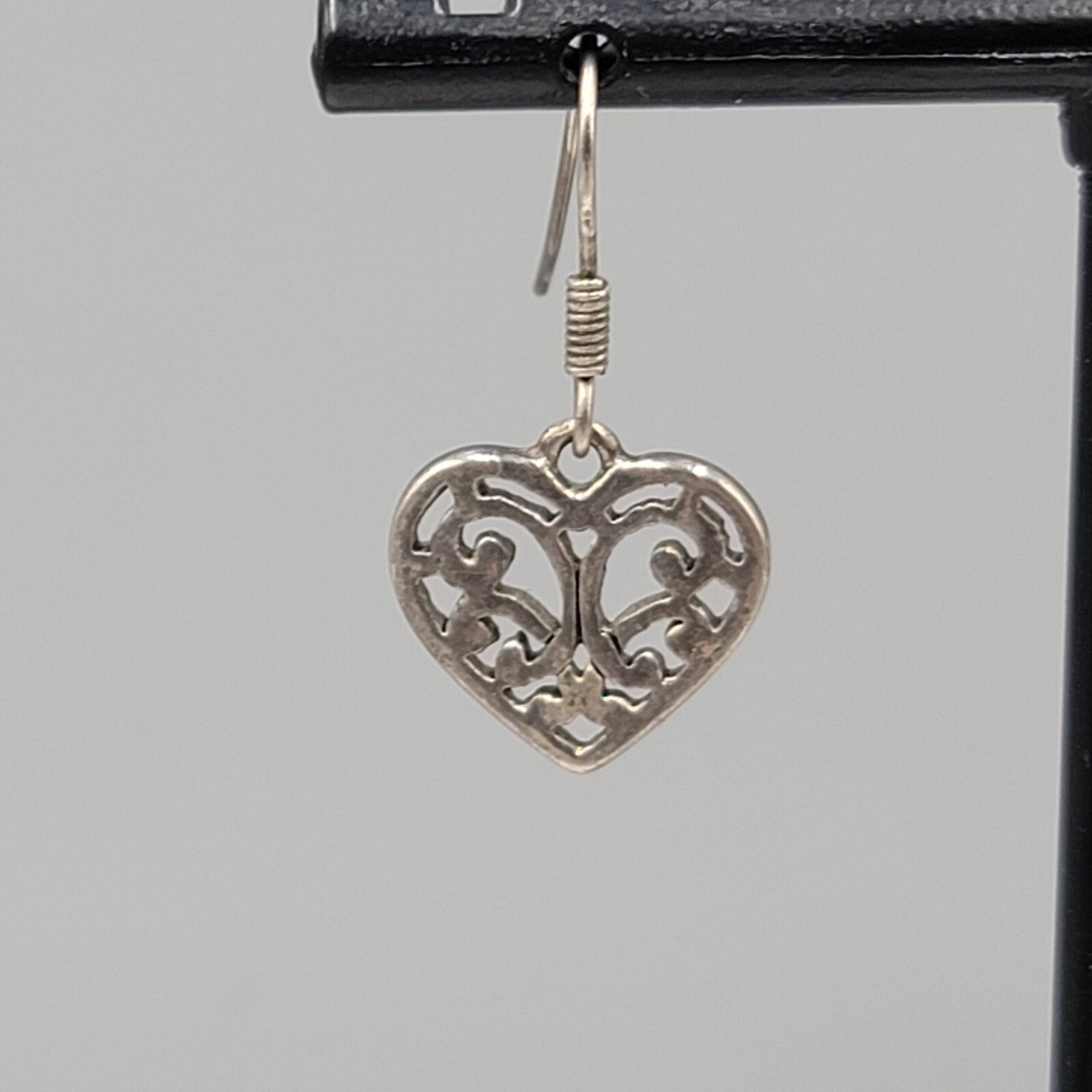 Heart Pierced Earrings Small Filigree Silver tone Dangle 1/2"