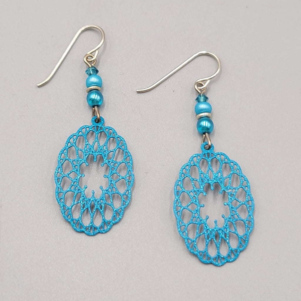 Blue Laser Cut Metal Open Work Pierced Earrings Bead Silver tone Dangle 1.75"