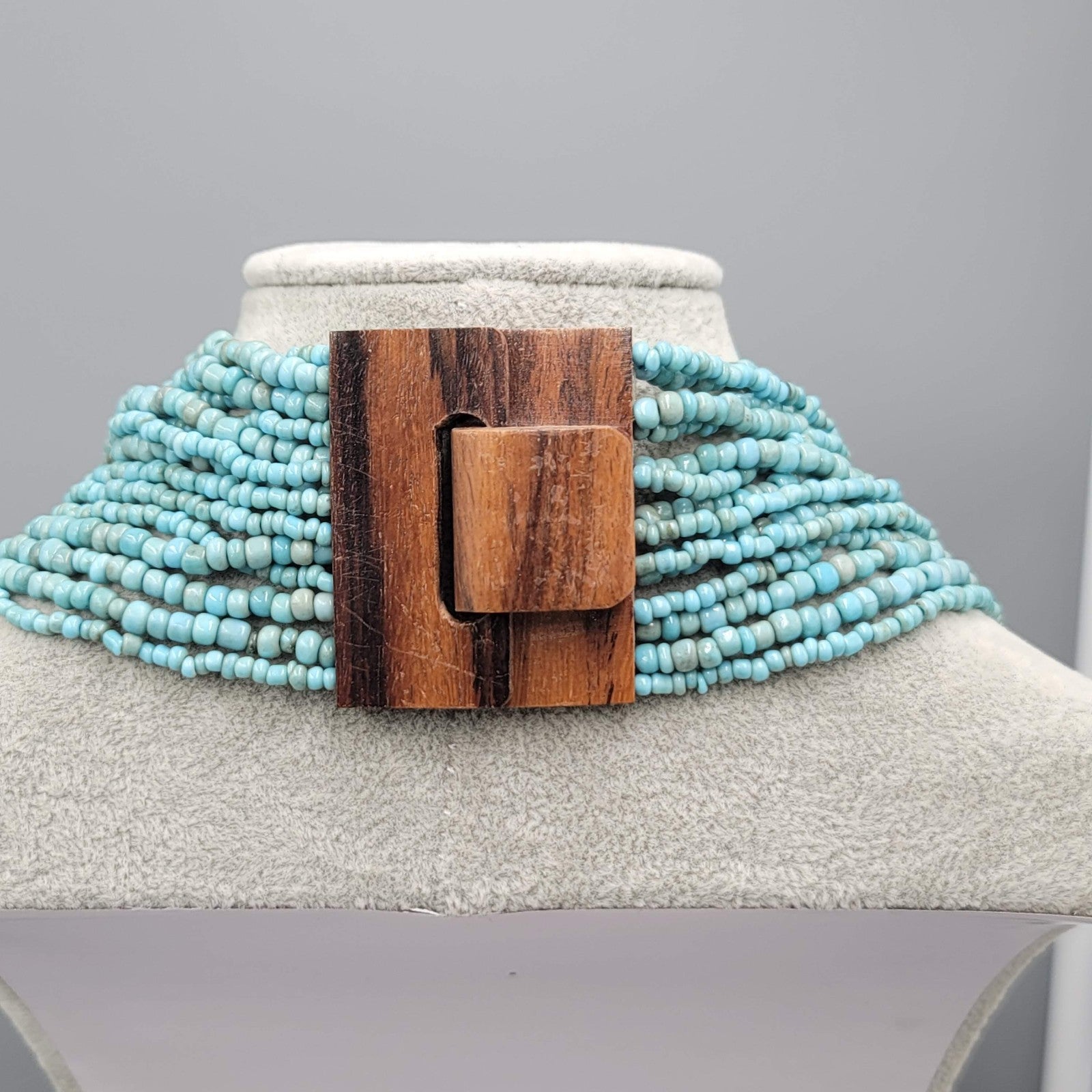 Artisan Necklace 14 Strand Blue Seed Bead Wood Clasp Statement 18"