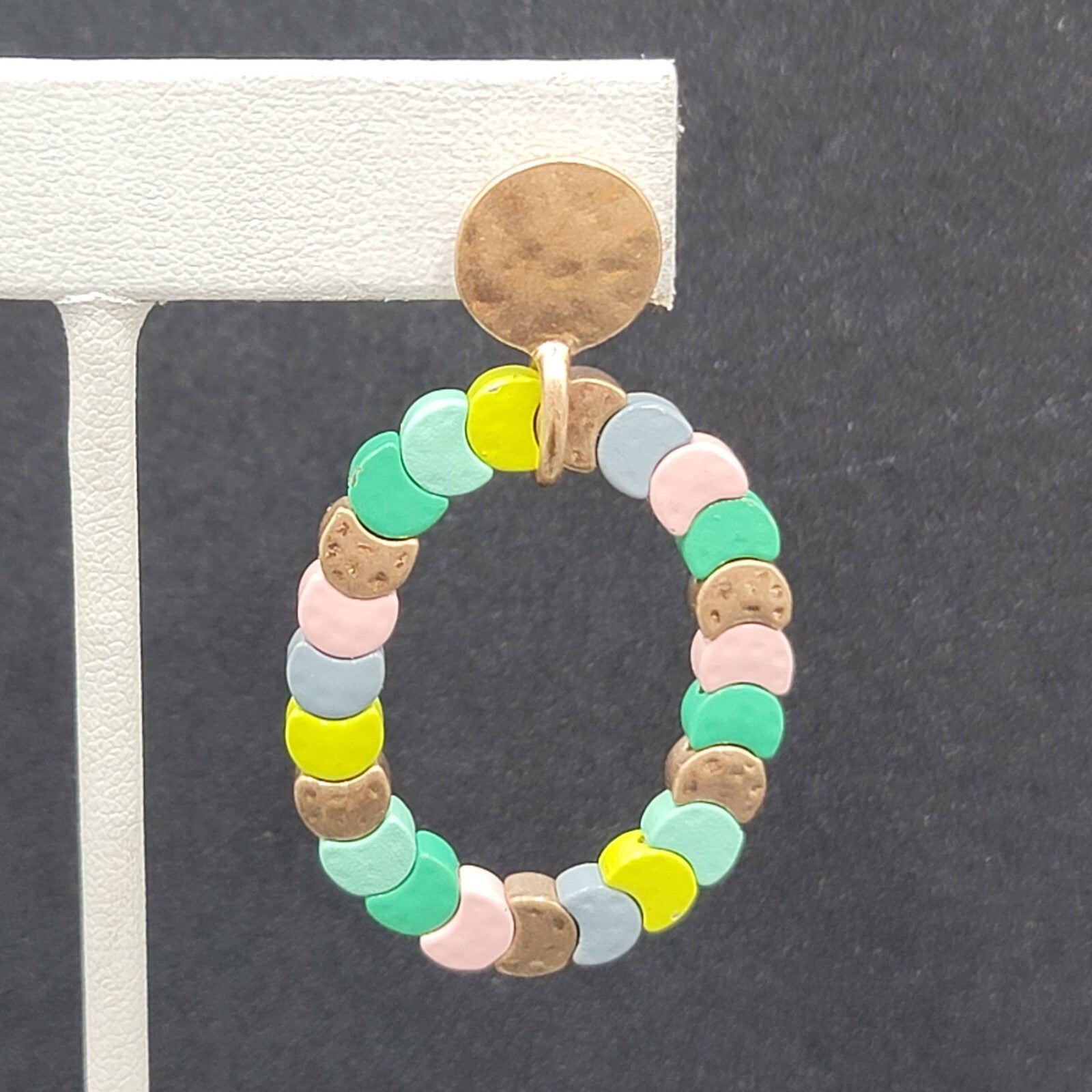 Pierced Earrings Gold tone Multicolor Strung Beads Hoop 2"