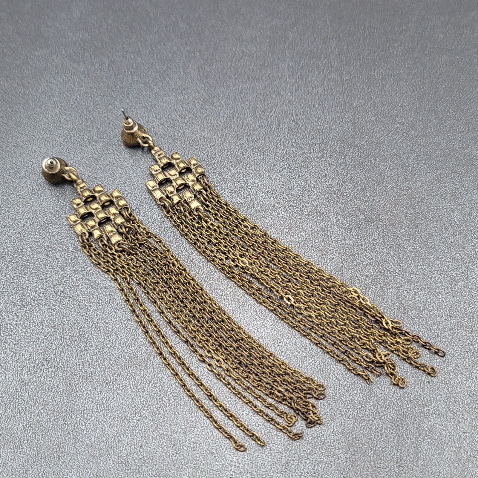 Pierced Earrings Bronze tone Sparkle Rhinestone Chain Dangle Long 4.5"