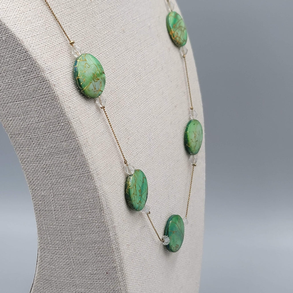 Green Dyed Mother of Pearl Station Bead Necklace 22"+