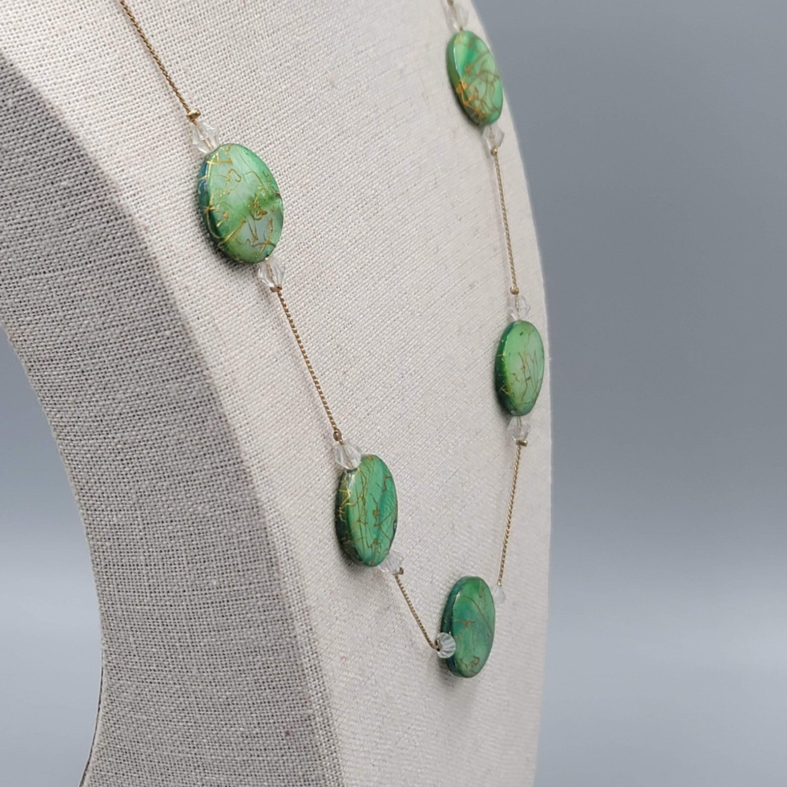 Green Dyed Mother of Pearl Station Bead Necklace 22"+