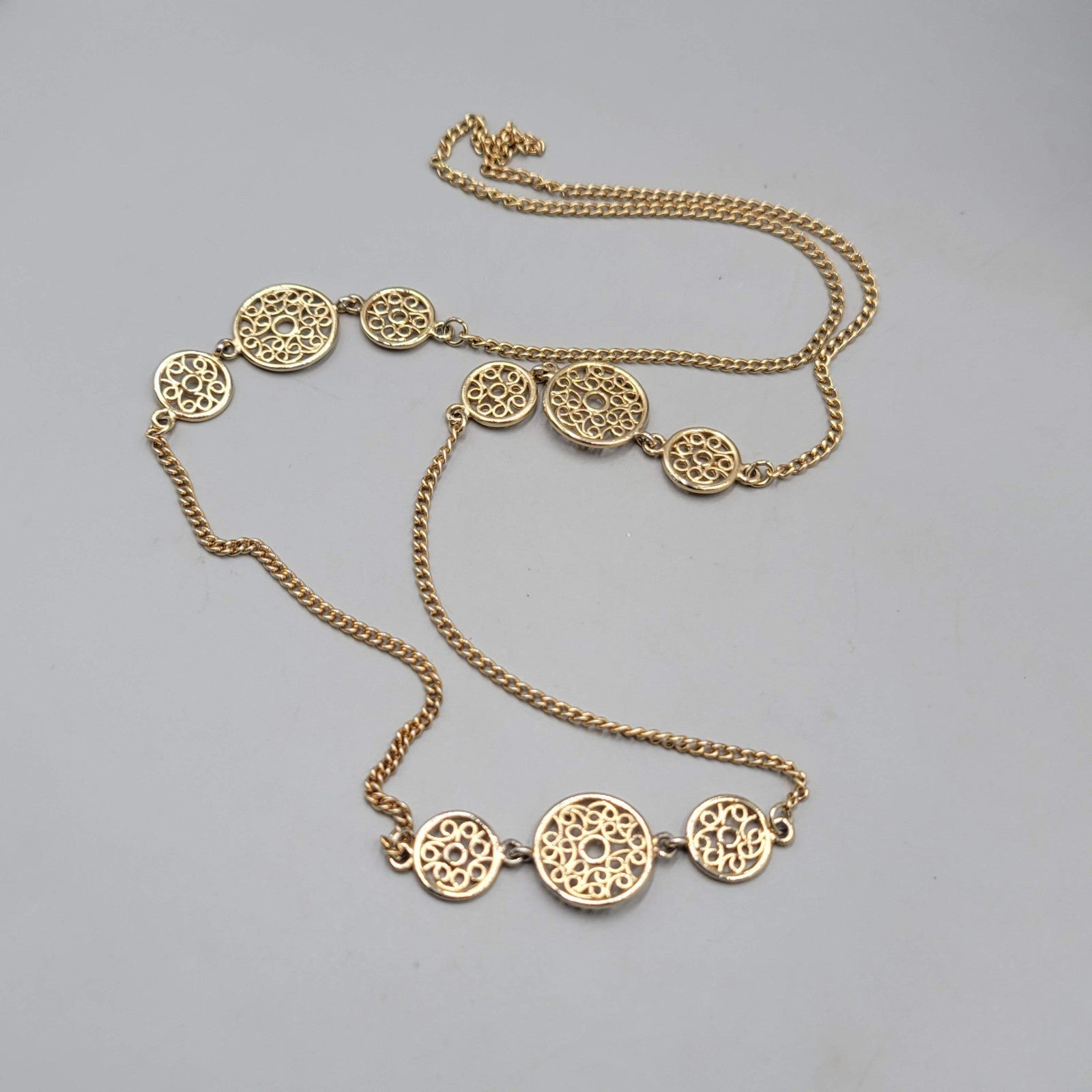Vintage Long Chain Necklace Gold tone Open Work Round Accents 34 in