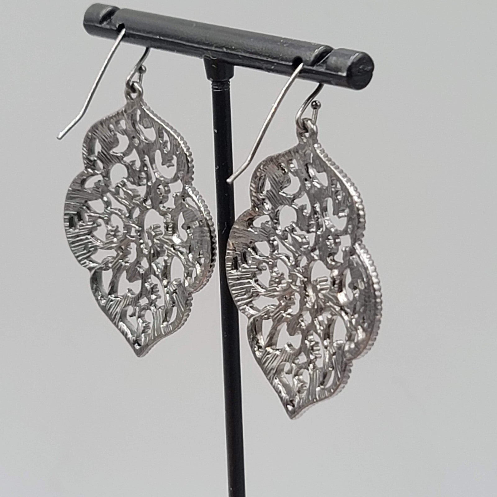 Pierced Earrings Black Metal Crystal Rhinestone Filigree Dangle 1.75"