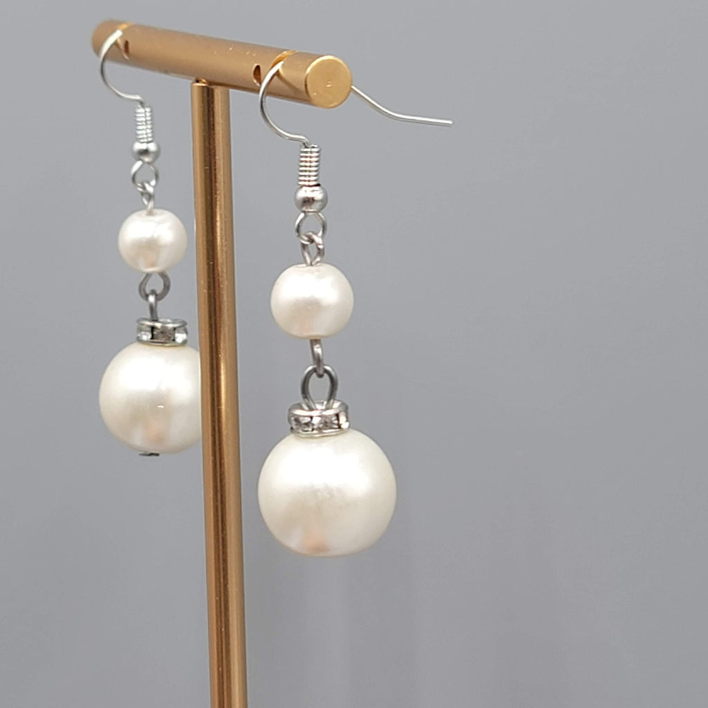 Satin Look White Bead Pierced Earrings Silver tone Dangle 1.25 in