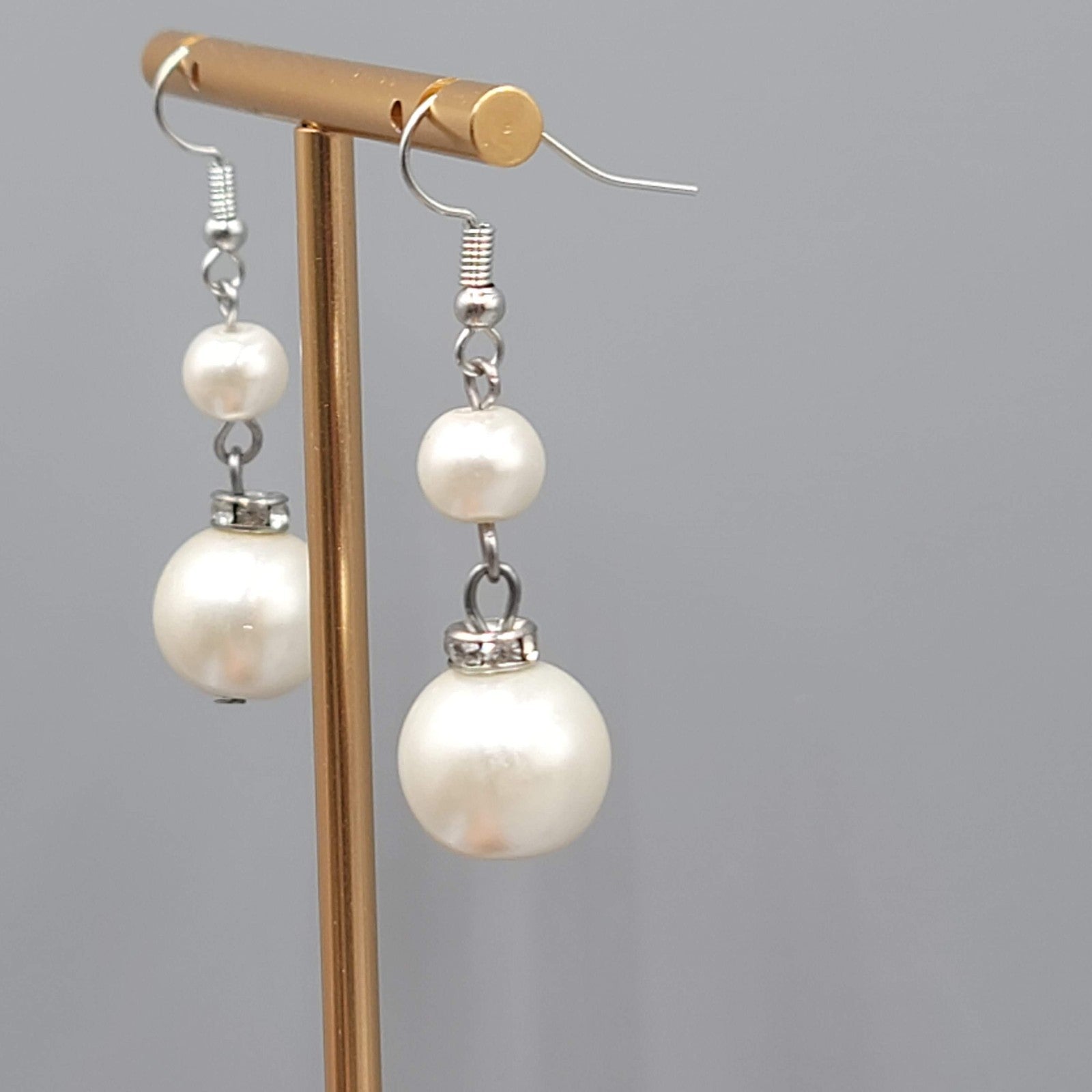 Satin Look White Bead Pierced Earrings Silver tone Dangle 1.25 in