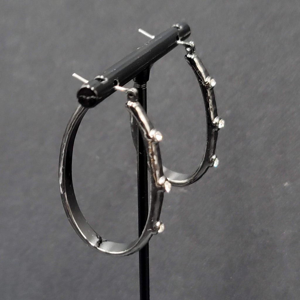 Pierced Earrings Black Metal Crystal Rhinestone Studded Oval Hoops 1 5/8"