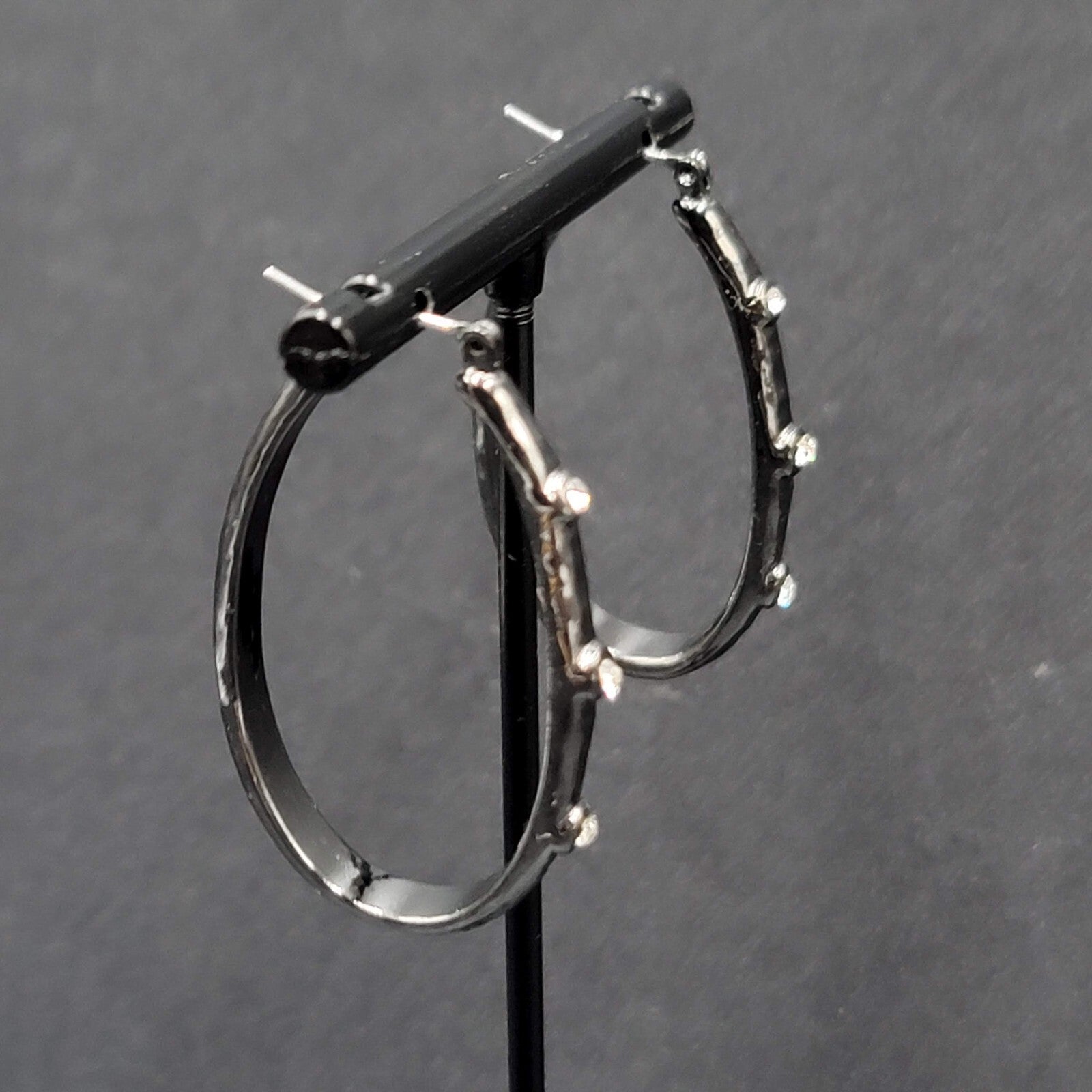 Pierced Earrings Black Metal Crystal Rhinestone Studded Oval Hoops 1 5/8"