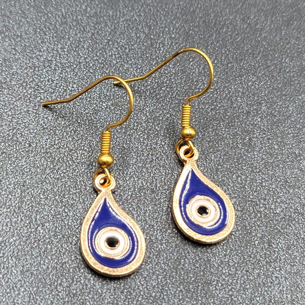 New Evil Eye Pierced Earrings Gold tone Blue Enamel Teardrop Dangle 3/4"