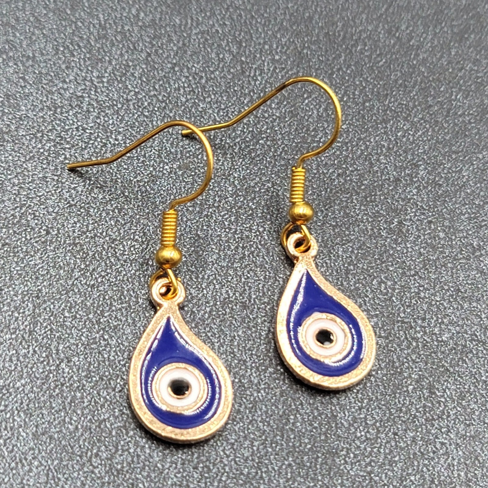New Evil Eye Pierced Earrings Gold tone Blue Enamel Teardrop Dangle 3/4"
