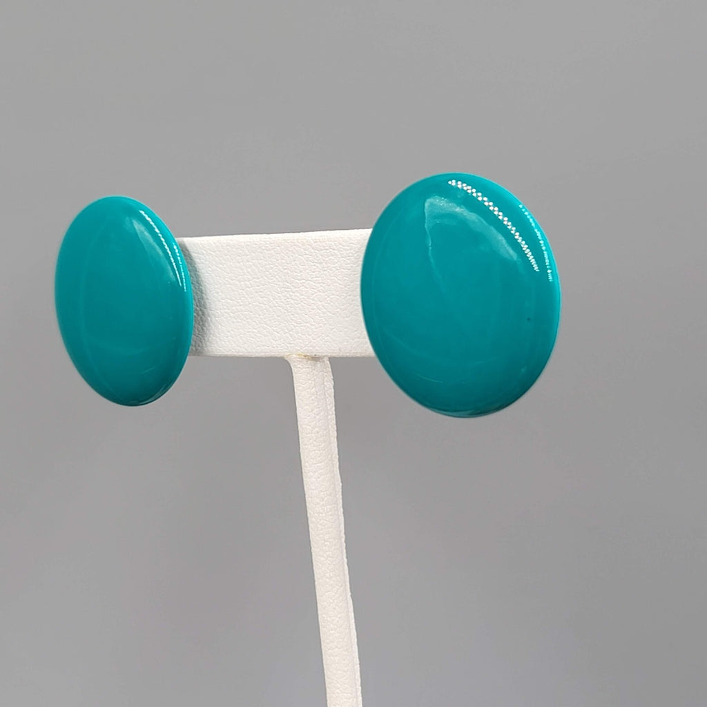 Vintage Teal Enamel Pierced Earrings Flat Round Drop 1"