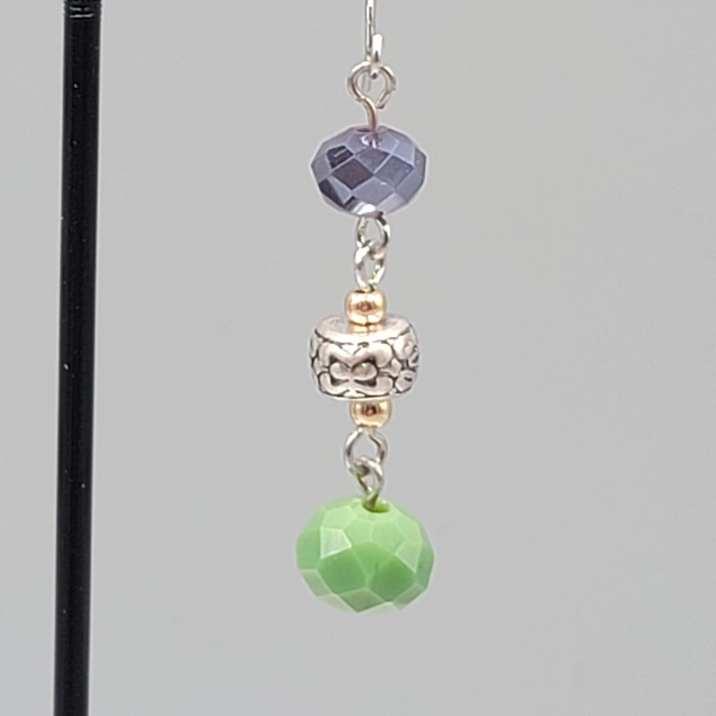 Pierced Earrings Silver tone Purple Green Glass Beads Dangle 1.5"