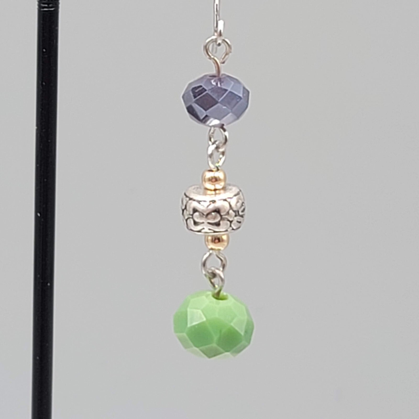 Pierced Earrings Silver tone Purple Green Glass Beads Dangle 1.5"