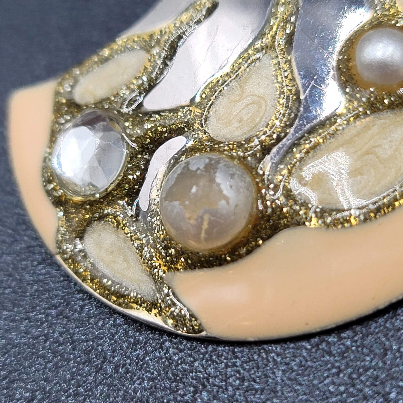 Vintage Clip on Earrings Silver tone Large Statement Enamel Glitter 1.75"