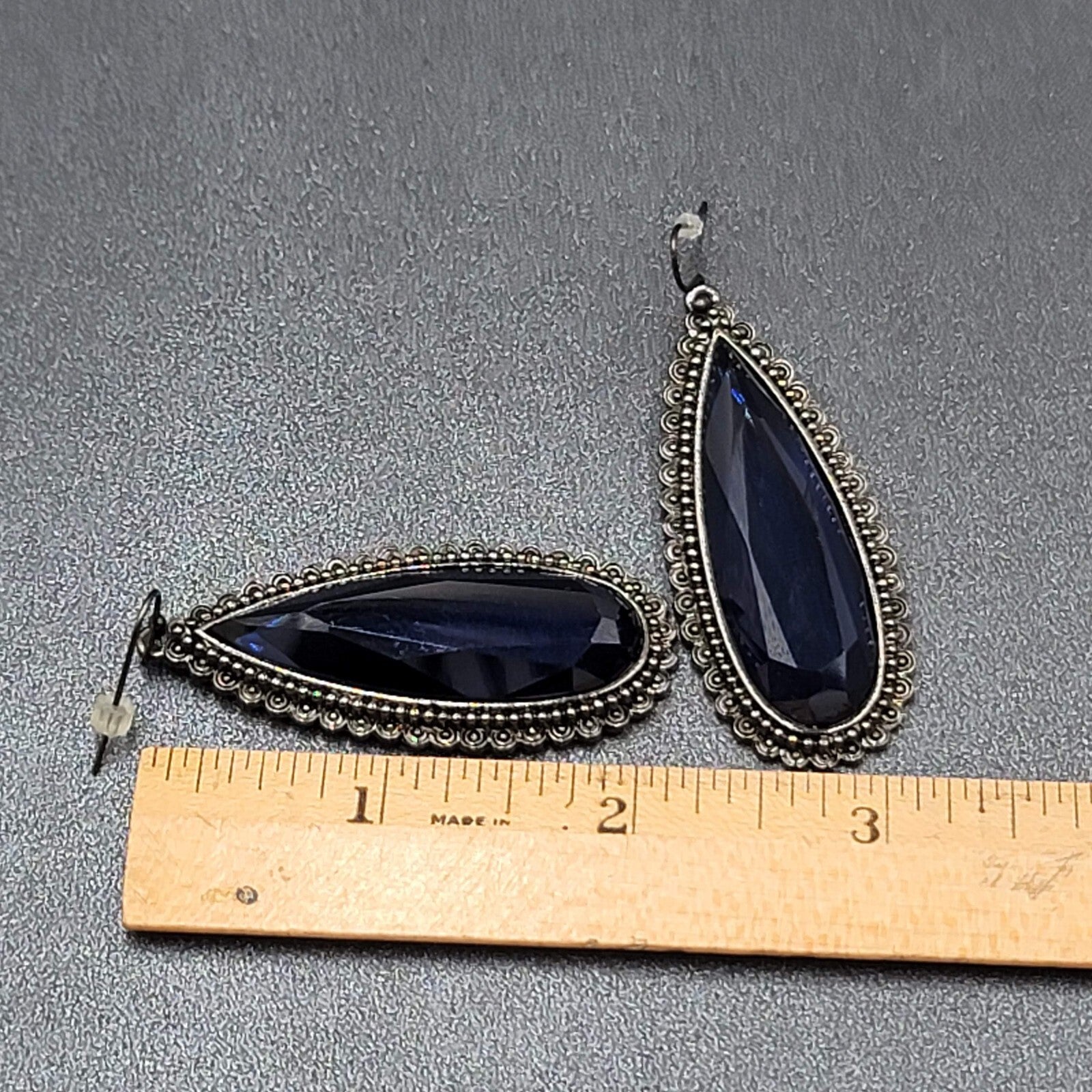 Pierced Earrings Black Metal Large Blue Glass Faceted Teardrop Gothic 2 1/8"