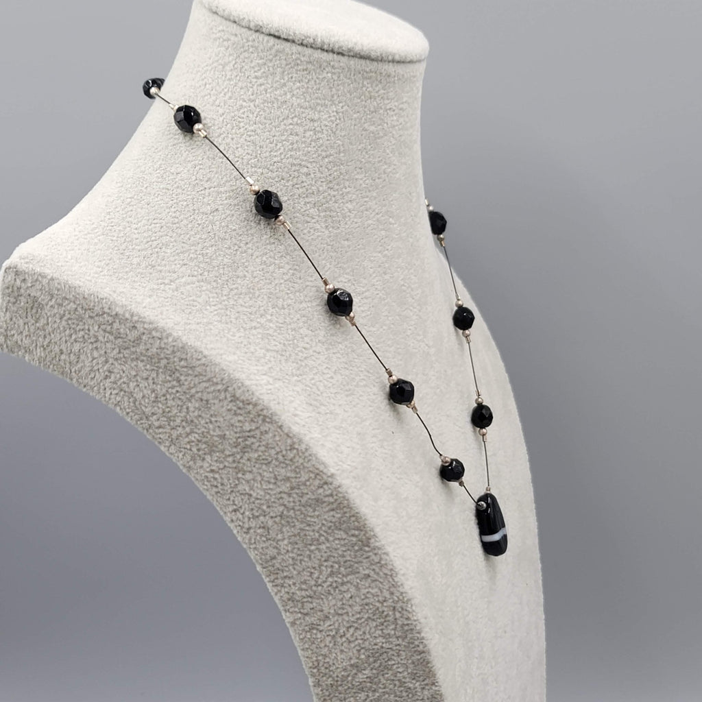 Black Glass Bead Station Necklace Silver tone 18"