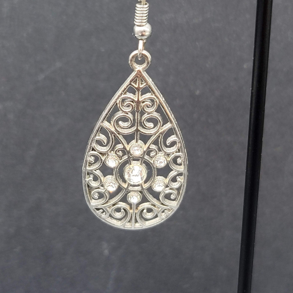 Pierced Earrings Silver tone Rhinestone Open Work Teardrop Dangle 1.25"