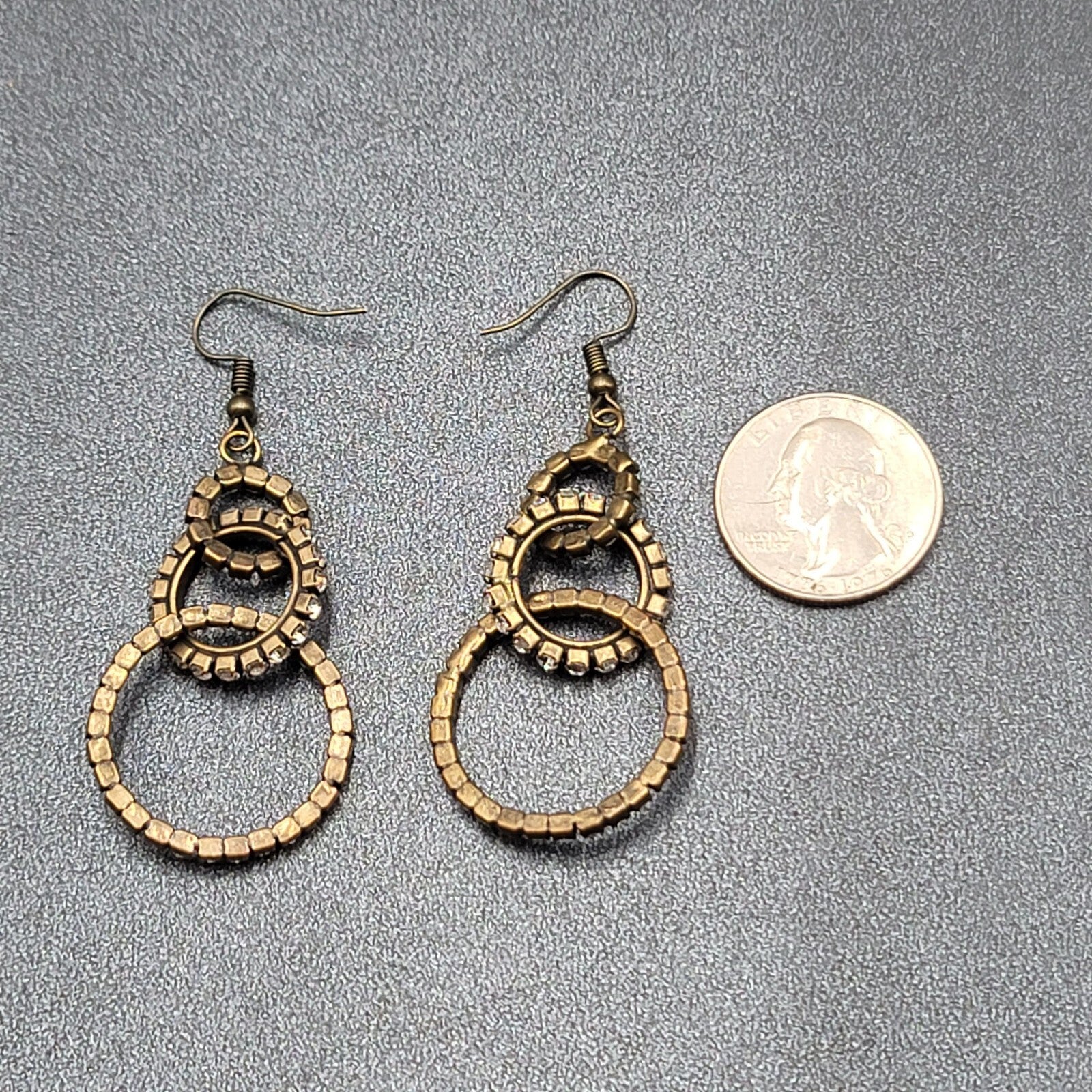 Pierced Earrings Bronze tone Concentric Circles Crystal Studded Dangle  2"