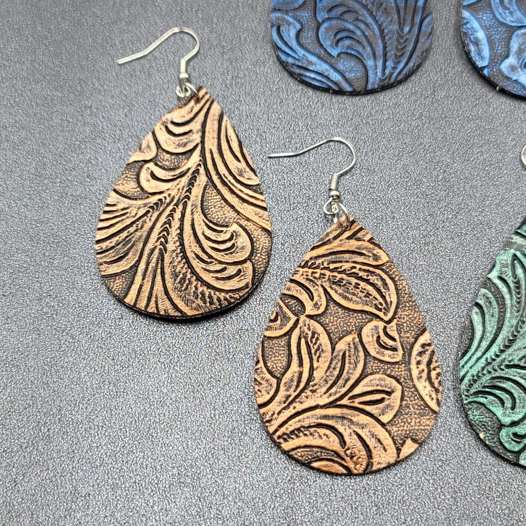 Lot of 3 Pierced Earrings Faux Tooled Leather Gold Green Blue 2.25"