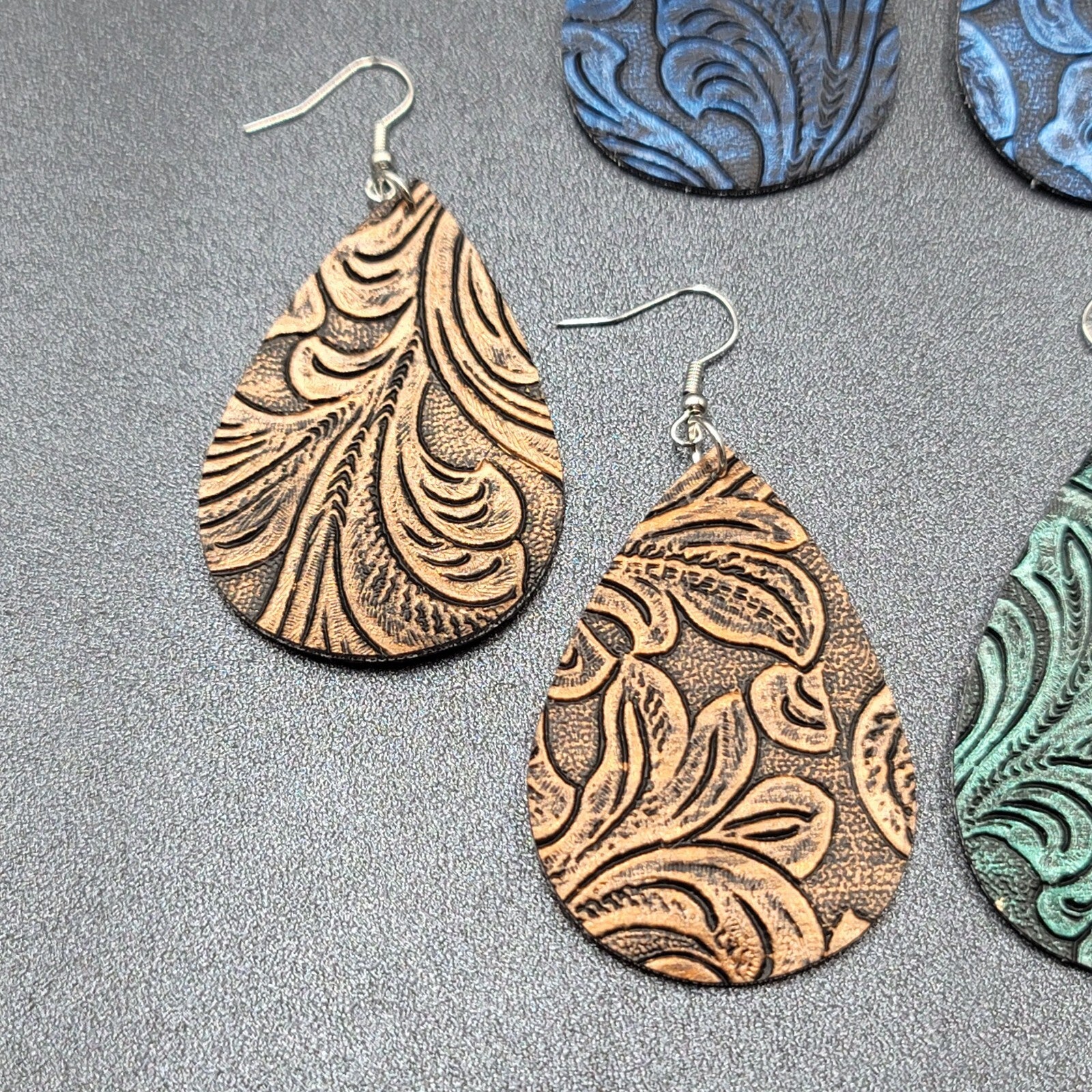 Lot of 3 Pierced Earrings Faux Tooled Leather Gold Green Blue 2.25"