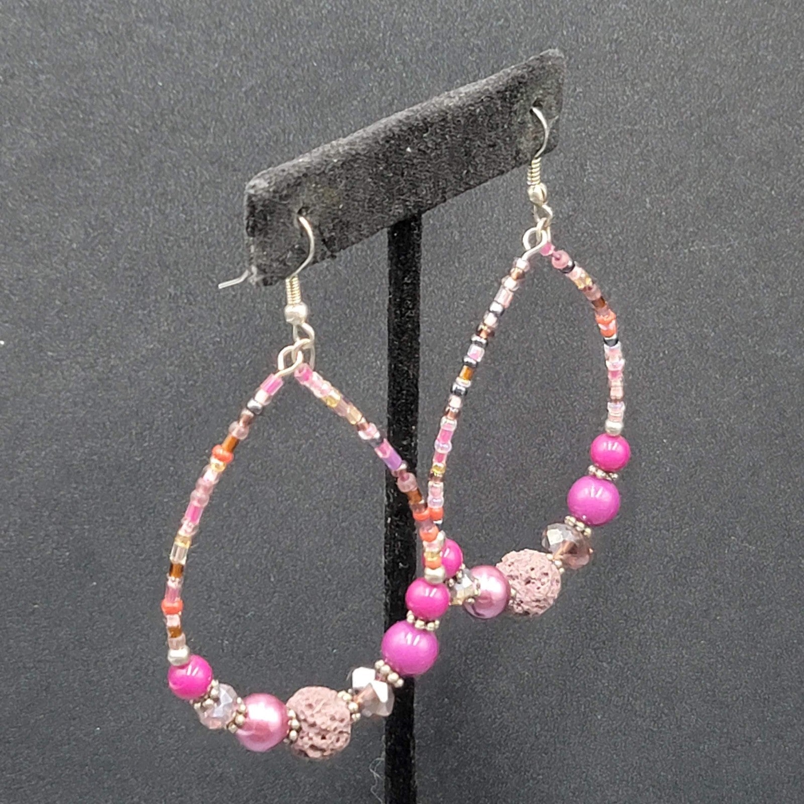 Pierced Earrings Purple Beaded Teardrop Hoops  2.5"