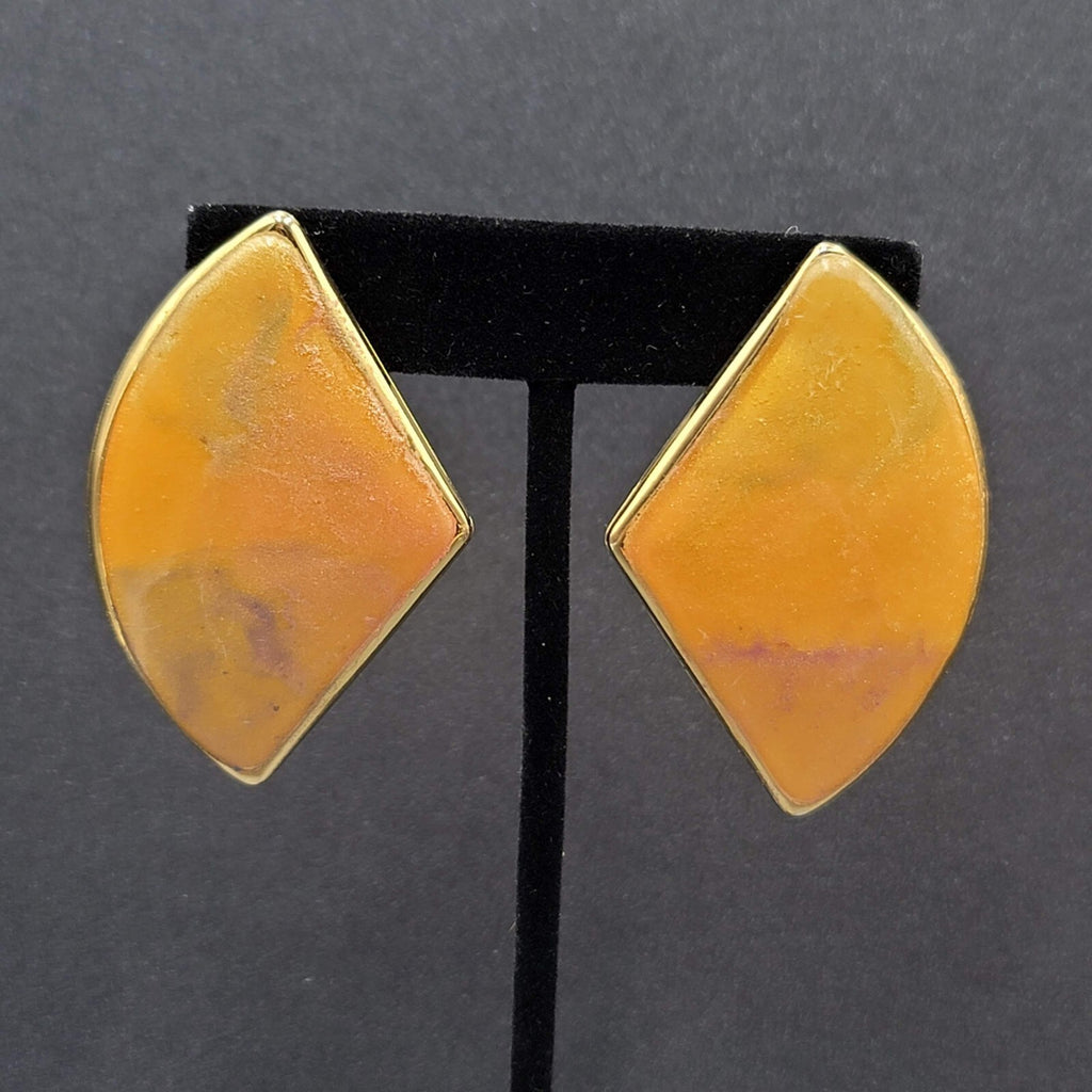 Vintage Pierced Earrings Yellow Enamel Gold tone Large Statement 1980s 2"