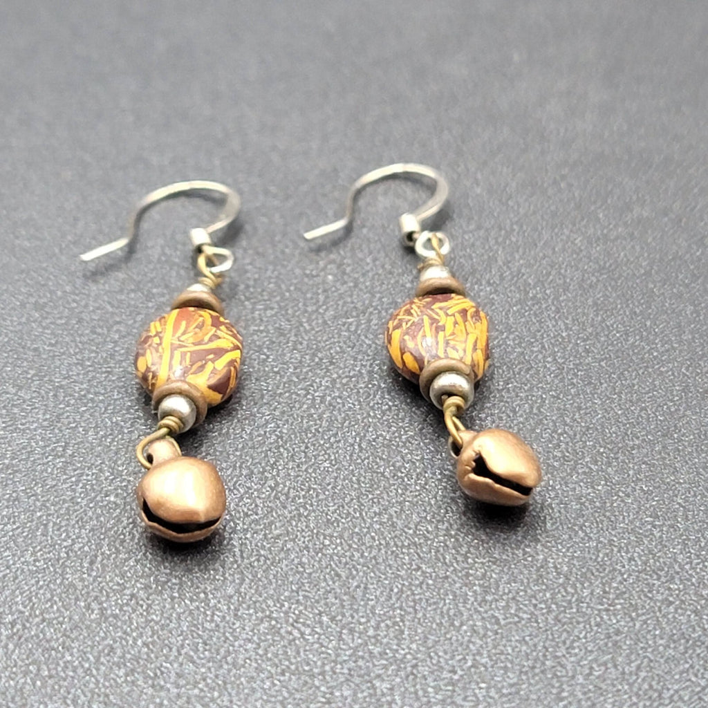 Pierced Earrings Brown Bead Copper Bell Dangle 1.25"