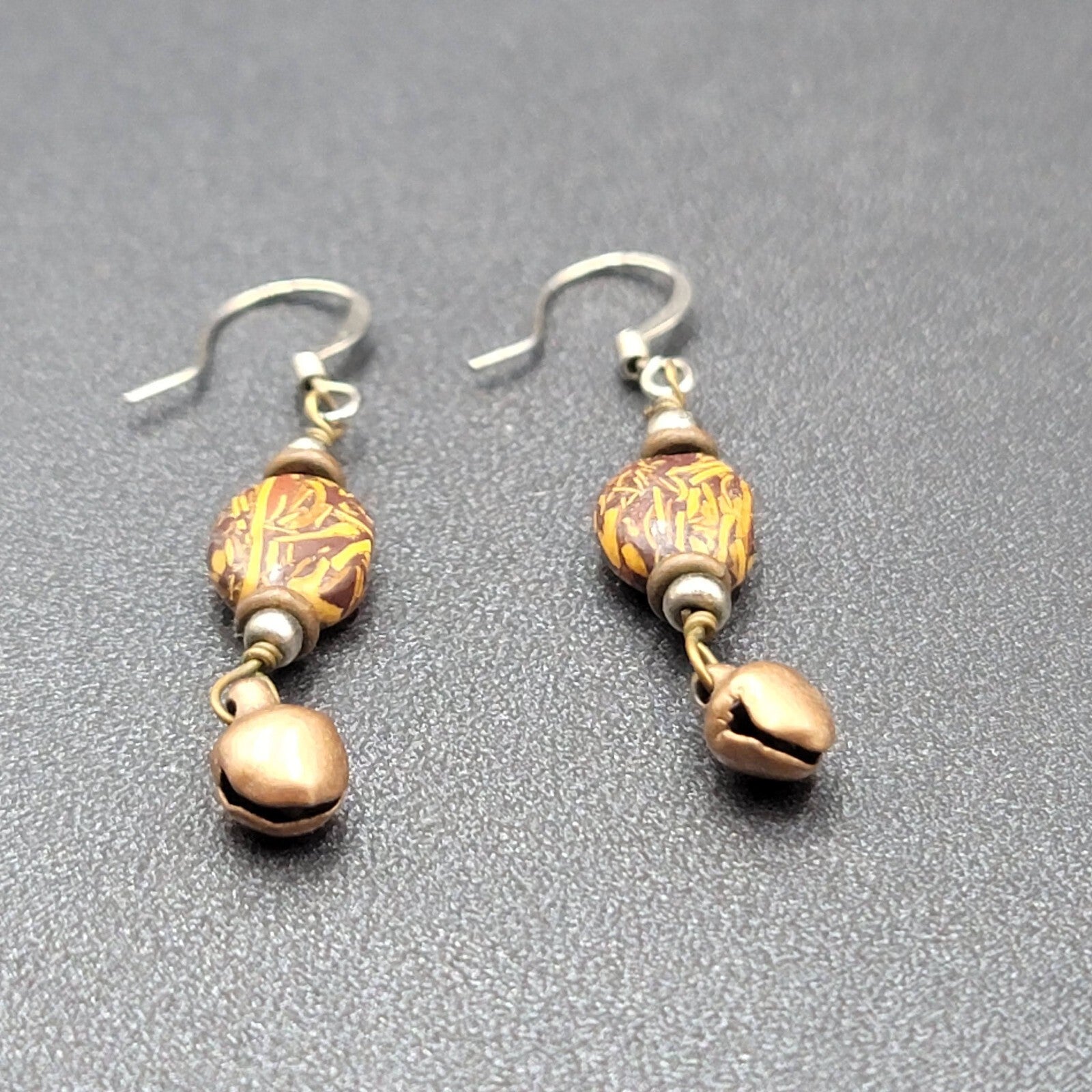 Pierced Earrings Brown Bead Copper Bell Dangle 1.25"