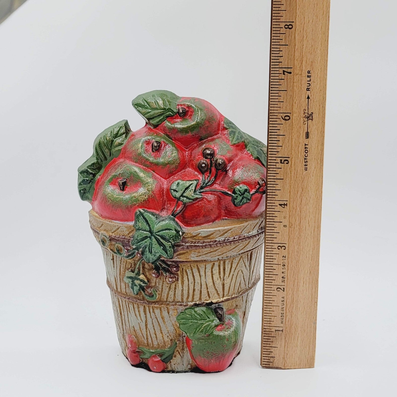 Vintage Cast Iron Doorstop Basket of Apples Painted 6.5"