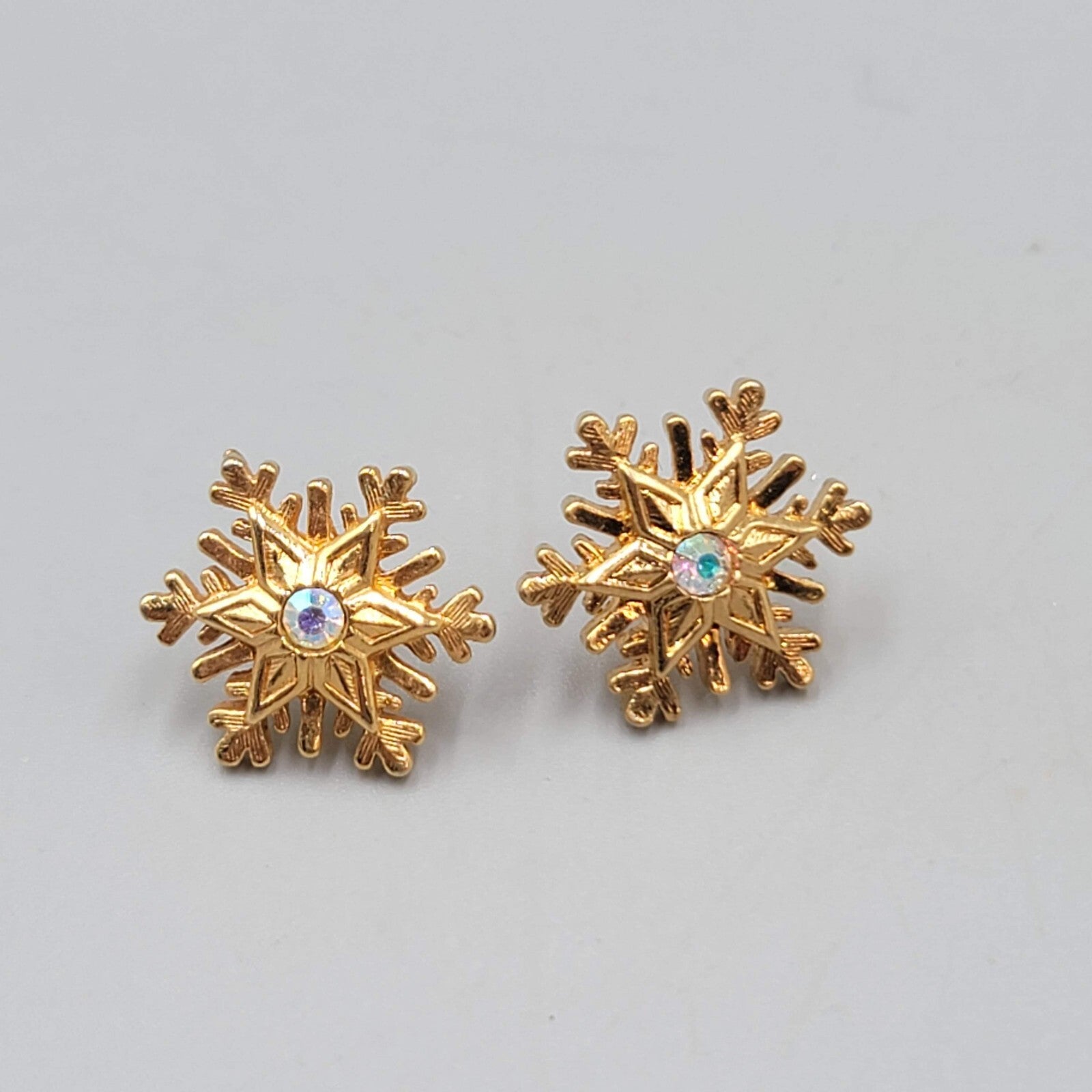 Snowflake Pierced Earrings Gold tone AB Crystal Studs 5/8"