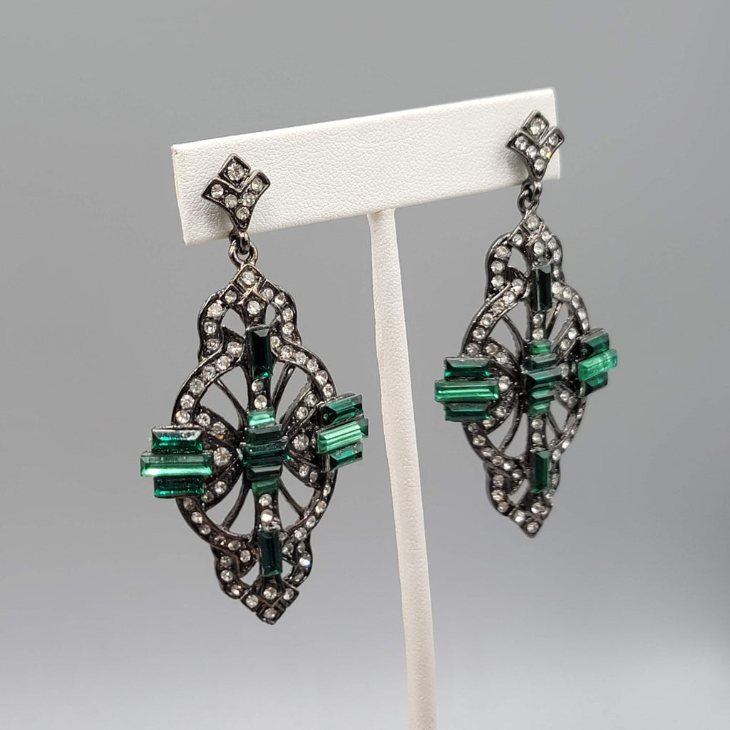 Large Statement Pierced Earrings Black Metal Green Rhinestone Dangle 2.75 in