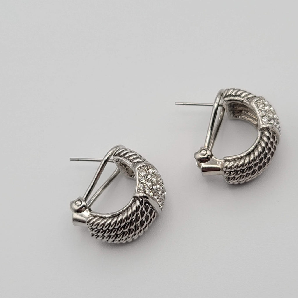 Crystal Pave Hoops Rope Design Pierced Earrings Silver tone Omega Back 3/4 in