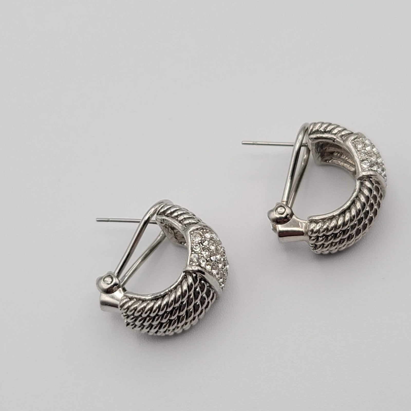 Crystal Pave Hoops Rope Design Pierced Earrings Silver tone Omega Back 3/4 in