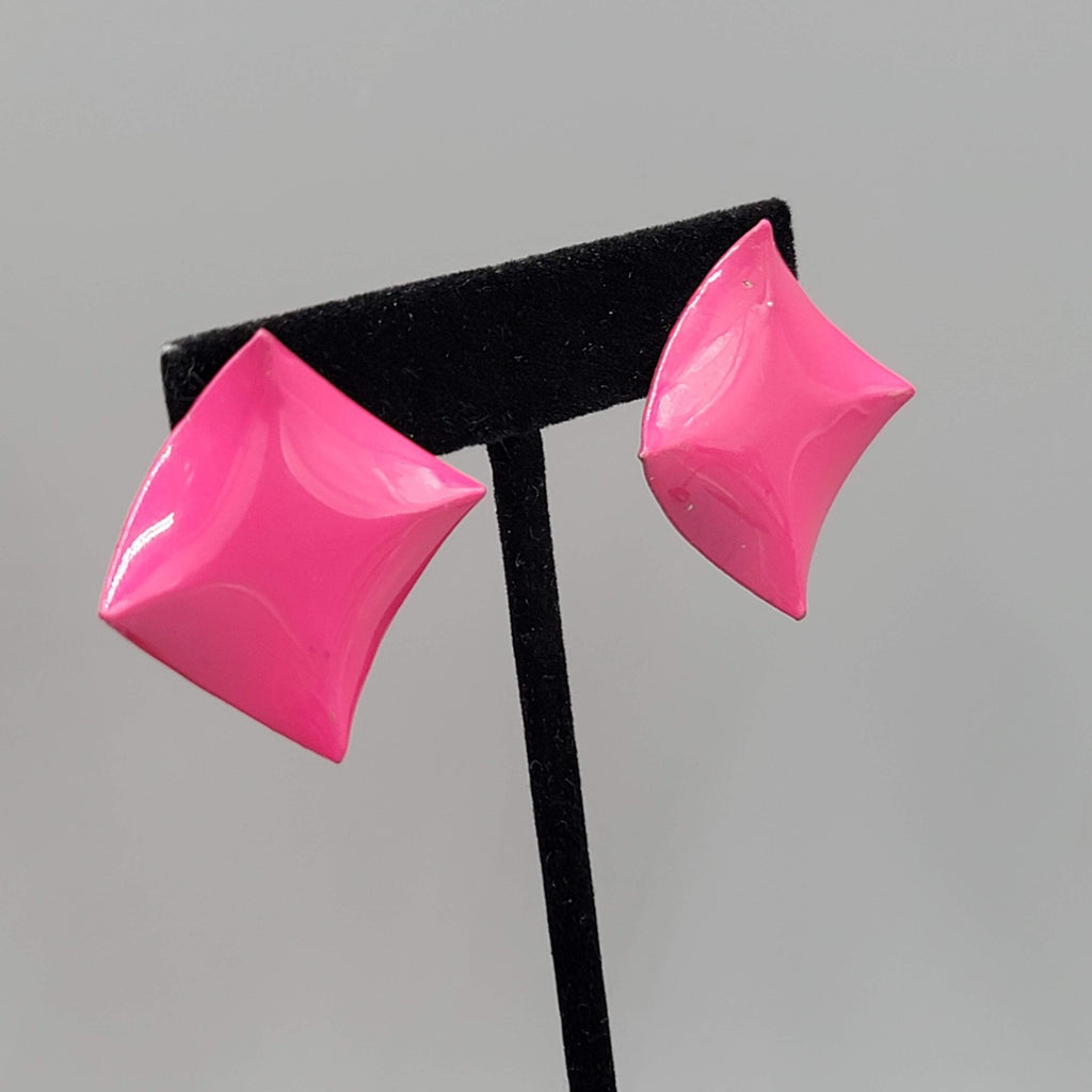 Vintage Hot Pink Enamel Square Pierced Earrings Drop 1.25 in