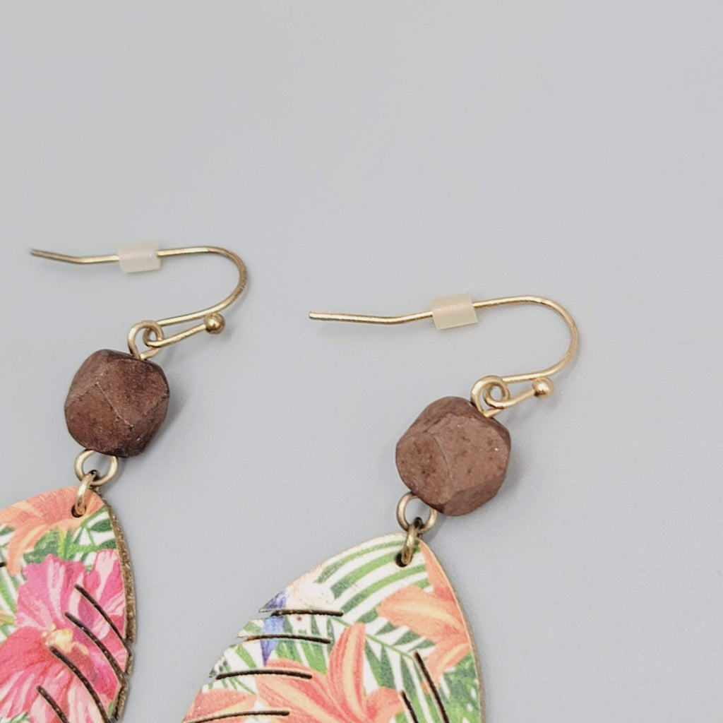Tropical Leaf Wood Bead Pierced Earrings Gold tone Dangle 2.75"