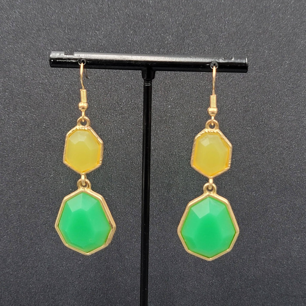 Pierced Earrings Gold tone Green Yellow Acrylic Dangle 1.75"