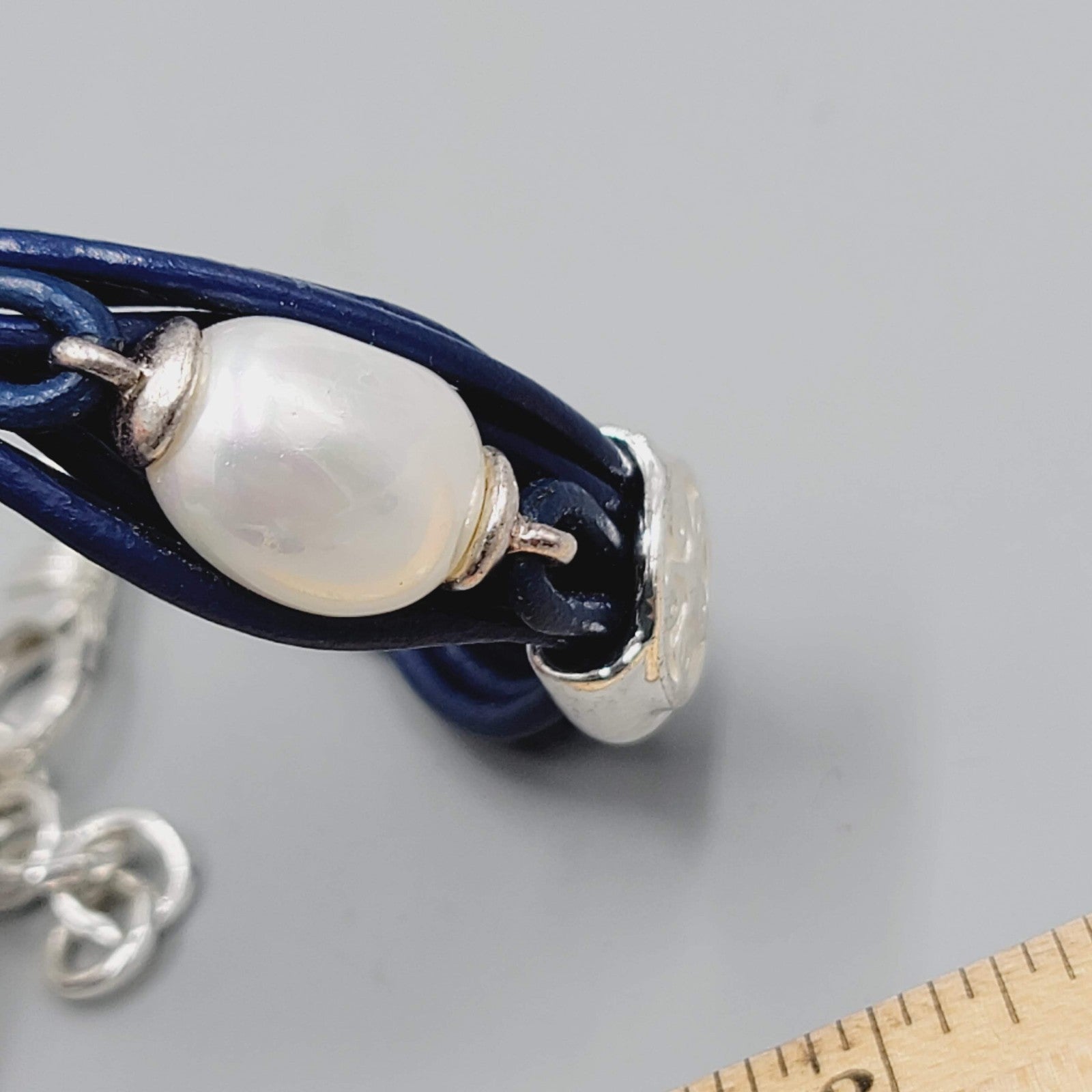 Navy Blue Cord Bracelet Imitation Pearl Silver tone 7"