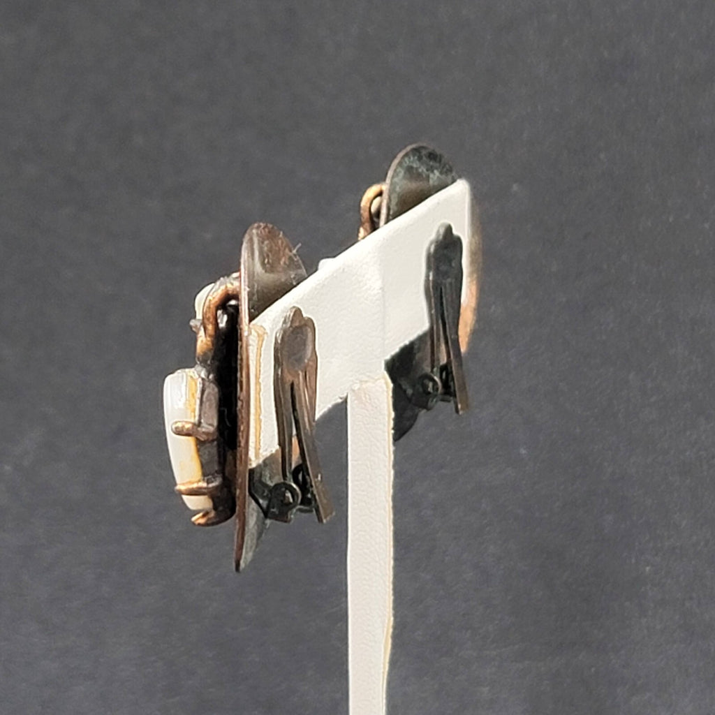 Vintage Clip on Earrings Copper Plated Mother of Pearl Accents Modernist 1.25"