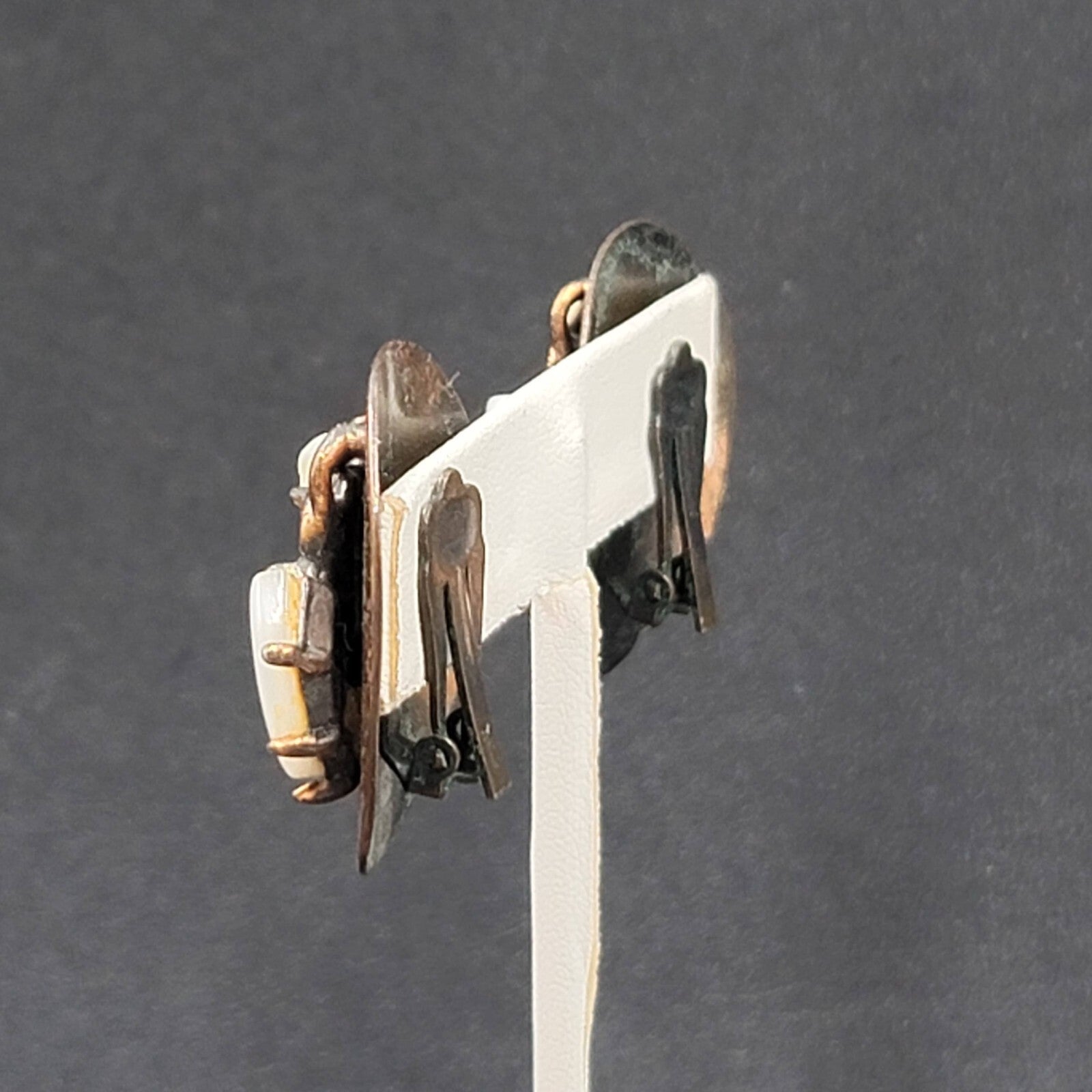 Vintage Clip on Earrings Copper Plated Mother of Pearl Accents Modernist 1.25"